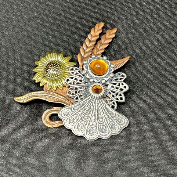 Designer KC Kenneth Cole Mixed Metal Brass Copper Fall Modernist Pin Brooch - Picture 2 of 7